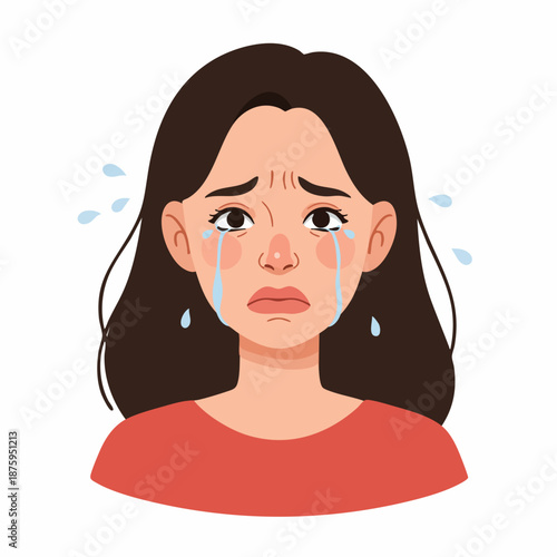 Flat Style Portrait of Crying Woman with Tears Expression Emotion