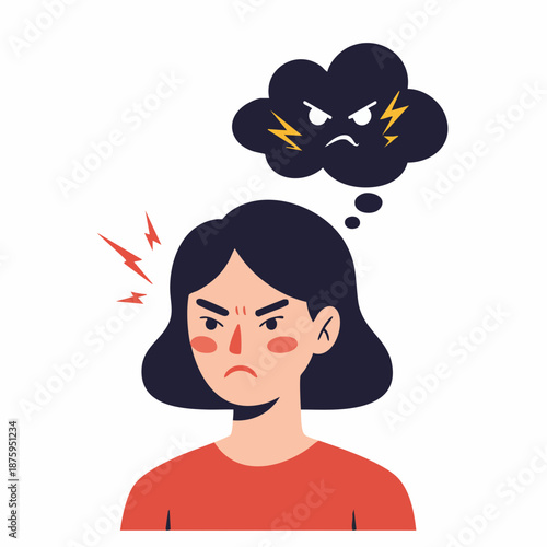 Flat Illustration Angry Woman with Dark Cloud Thought Bubble Expression