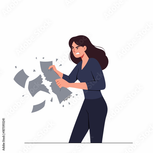 Flat Illustration Angry Woman Tearing Paper Expressing Frustration Concept