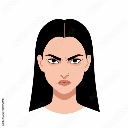 Flat Style Illustration Displeased Long Hair Female Character Portrait