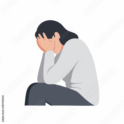 Simple Flat Illustration of Sad Depressed Woman Crying in Despair
