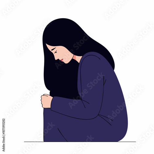 Flat Illustration of Sad Woman Sitting Alone on Floor Concept