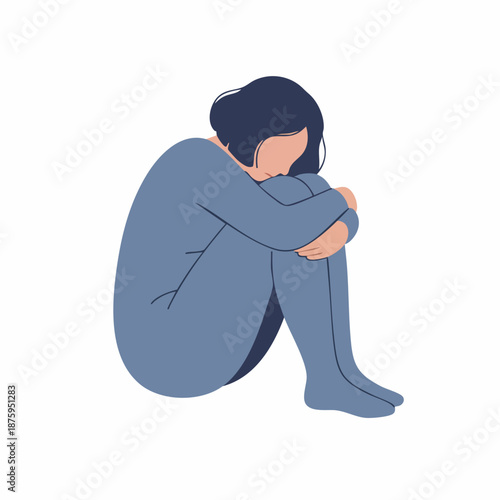Minimalist Flat Illustration of Sad Woman Sitting in a Fetal Position
