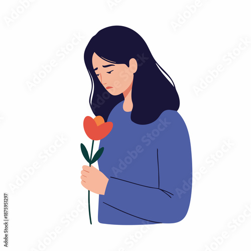 Flat Simple Style Depressed Woman Holding Red Flower Illustration