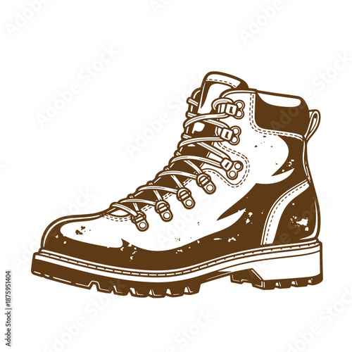 Drawing Vintage Brown hiking boot with laces and buckles on white background  outdoor footwear