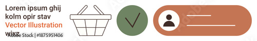 E-commerce, user identification, online approval, shopping cart processes, digital transactions, interface design. Shopping basket icon, checkmark graphic profile badge. E-commerce and user