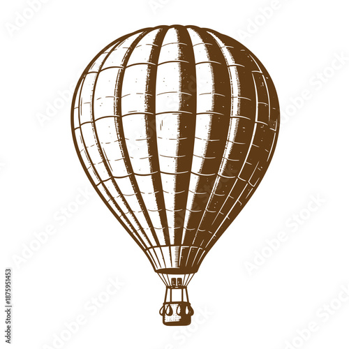 Drawing Vintage Brown hot air balloon with stripes flying high in the sky one vehicle