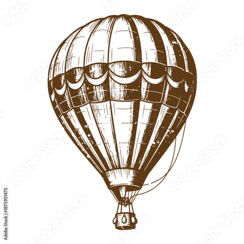 Drawing Vintage Brown hot air balloon illustration with striped pattern and basket isolated on white background