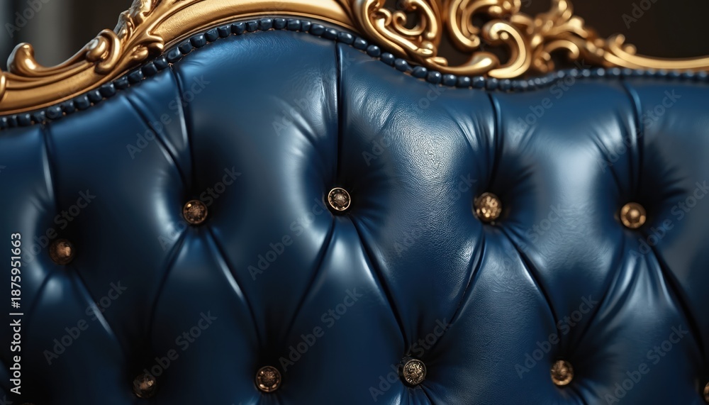 Fototapeta premium Dark blue tufted leather upholstery with gold trim accents shows luxury and comfort. Detailed diamond pattern with ornate buttons, perfect for interior design or classic furniture.