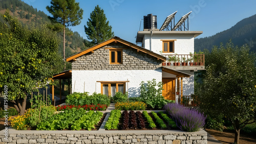 Sustainable Stone House with Rooftop Vegetable Garden, Solar Panels, and Water Tank System