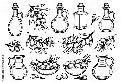 Hand drawn line art olive oil and olive elements set featuring olive branches, oil bottles, and bowls of olives for healthy food and cooking