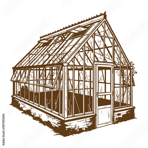 Drawing Vintage Brown illustration of a small glass greenhouse with a gable roof and a door  isolated on white background