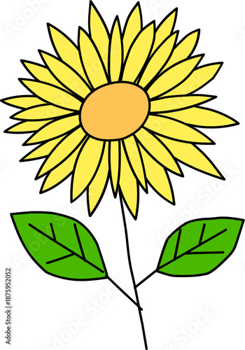 Yellow sunflower with green leaves. Cute simple cartoon vector illustration.