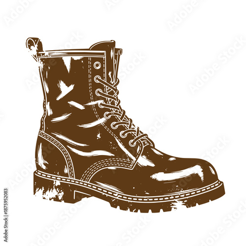Drawing Vintage Brown leather combat boot with laces and rugged sole illustration