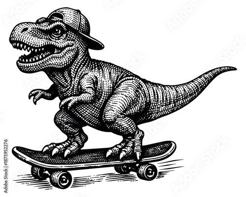 Hand drawn illustration of a T-Rex dinosaur in a baseball cap depicting riding a skateboard for youth apparel design
