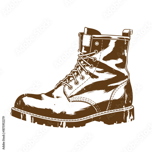 Drawing Vintage brown leather work boot with laces and thick sole  footwear illustration