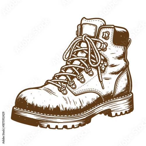 Drawing Vintage Brown leather work boot with laces and thick sole illustration