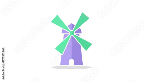 Simple stylized illustration of a purple windmill with green blades on a white background.