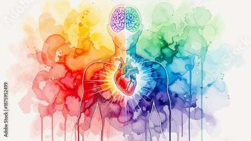 Colorful artistic representation of human anatomy focusing on brain and heart connection.