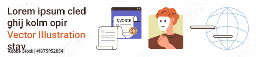 Financial management, user authentication, online transactions, global communication, identity security, invoicing. A globe icon, an invoice and a person. Financial and user authentication theme