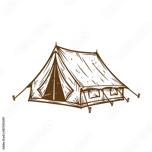 Drawing Vintage Brown tent with fabric walls and roof  outdoor camping shelter with poles