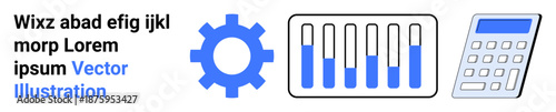 Blue gear, bar graph, and calculator icon reflecting data analysis, automation, technology, performance tracking, finance, research and STEM projects. Ideal for simple landing page