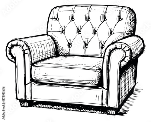 Hand drawn line art illustration of an armchair depicting classic comfort for interior design concepts