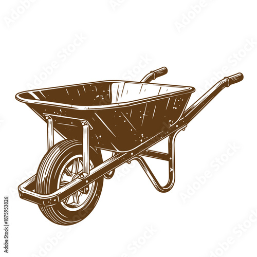 Drawing Vintage Brown wheelbarrow with one wheel and two handles on white background  gardening tool for carrying heavy loads