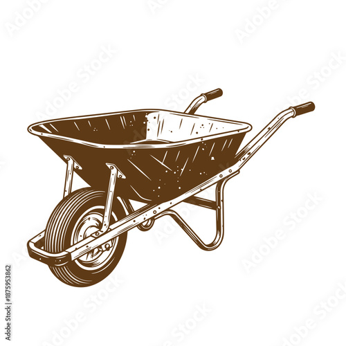 Drawing Vintage Brown wheelbarrow with one wheel and metal frame for gardening and construction work