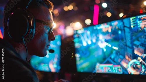 Intense Gaming Session - Pro Gamer in Action with Headset.