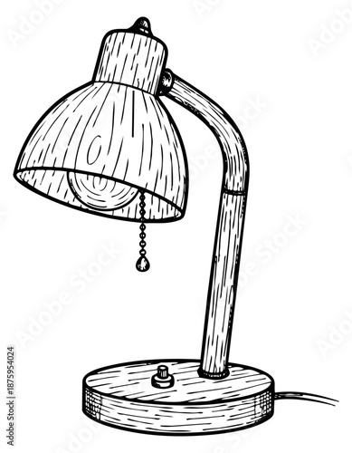 Hand drawn line art illustration of a desk lamp depicting a light source for study and work