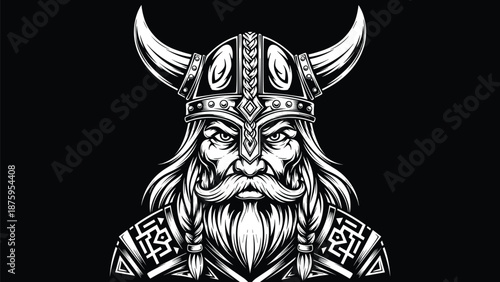 Powerful viking warrior head illustration, fierce nordic fighter with horned helmet and braided beard, ancient barbarian character portrait, black and white vector.