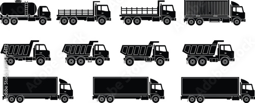 Set of heavy duty truck silhouettes, commercial transport vehicles including tanker, dump truck, cargo trailer, logistics delivery van, industrial freight machinery icons, vector illustration.