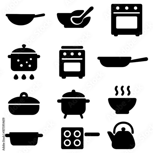 Kitchen Essentials Icons: A collection of simple kitchen equipment icons, perfect for culinary projects or design, includes pan, pot, stove, bowl and many more.