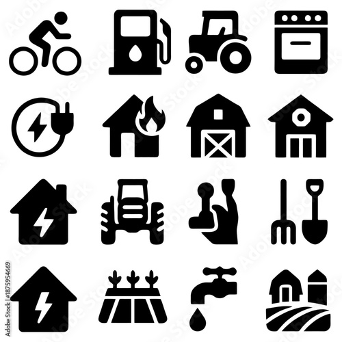 Farm and Rural Life Icon Set: An array of detailed icons representing various aspects of farm life and the rural experience, each conveying a sense of simplicity and functionality.