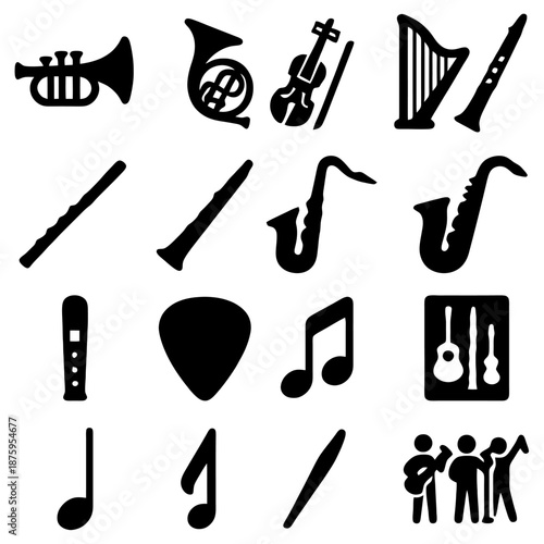 Musical Harmony in Silhouette: A captivating silhouette array showcases an assortment of musical instruments, evoking a symphony of creativity.