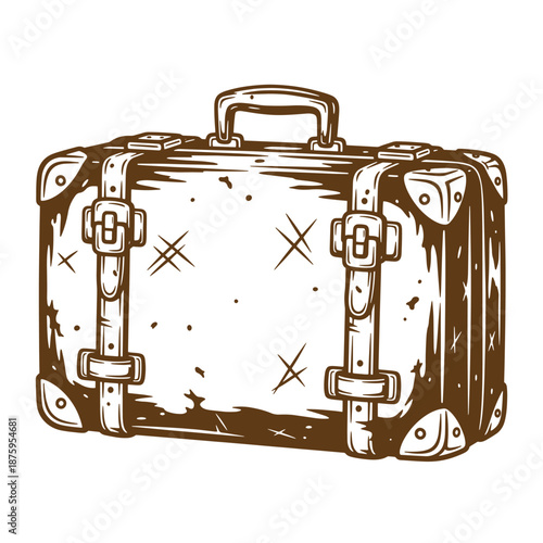 Drawing Vintage Vintage brown travel suitcase with buckles and handle on white background