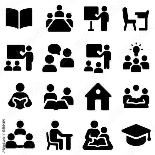 Education and Learning Icons: A comprehensive collection of iconic representations embodying the core essence of education, learning, and collaborative knowledge exchange.