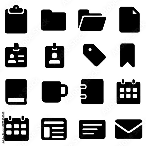 Modern Office Essentials: An array of stylized, monochromatic icons representing a variety of essential office tools, creating a visually clear depiction of workplace essentials.