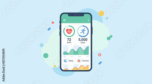 Smartphone displaying fitness app with heart rate and step tracker on screen