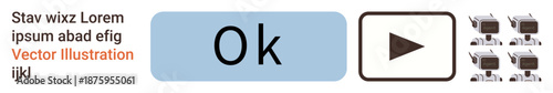 User interface design, digital communication, icons, security monitoring, buttons, automation. OK button and play icon alongside a text element and camera visuals. User interface design and digital