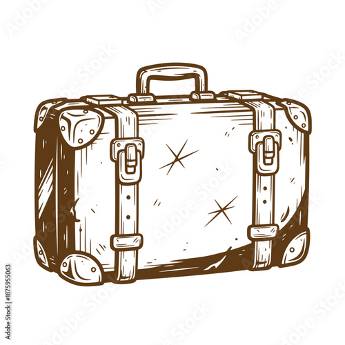 Drawing Vintage Vintage travel suitcase with handle and leather straps  old luggage with buckles and scratches