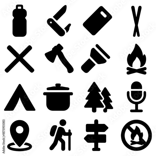 Camping Adventure: A collection of camping icons perfectly capture the essence of outdoor adventures, including survival tools, camping signs, and more.