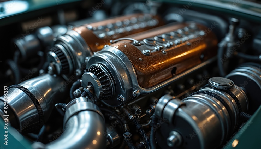 Naklejka premium Detailed view of vintage car engine with chrome and copper accents. Powerful v12 motor with pipes and wires. Classic auto mechanics detail in garage.