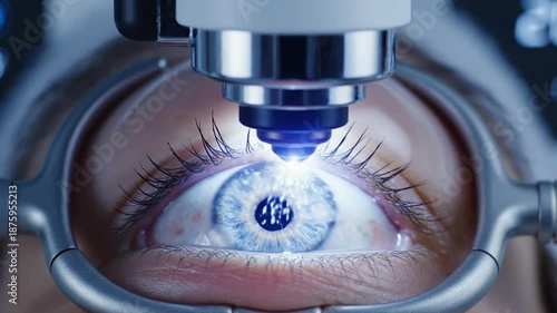 Close up of human eye undergoing laser vision correction surgery.