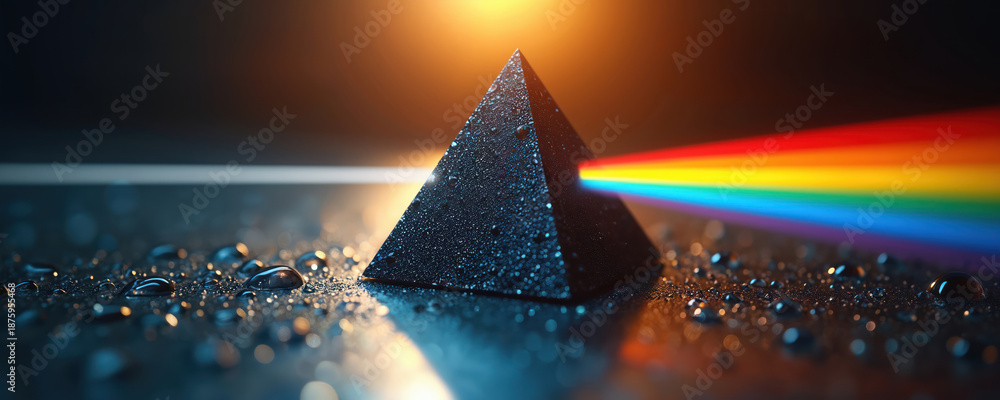 Obraz premium Triangular prism splits light into colorful rainbow spectrum. Sunlight refracts into colors on wet dark surface. Optical physics and science experiment.