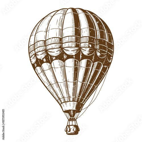 Drawing Vintage Vintagestyle illustration of a hot air balloon in flight with brown ink on white background