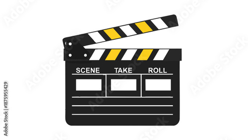 Classic black and white film clapboard with yellow stripes isolated on white background, essential for movie production and shooting scenes