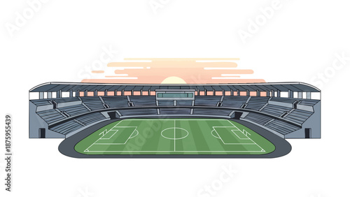 Illustration of a modern outdoor soccer stadium with green field and seating under a vibrant sunrise sky background, perfect for sports themes
