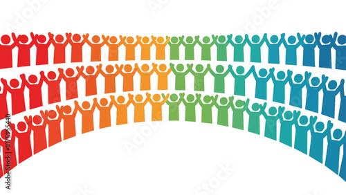 Colorful Silhouette of Diverse Humans Celebrating Together in a Rainbow Spectrum Patterned Illustration Depicting Unity and Joy